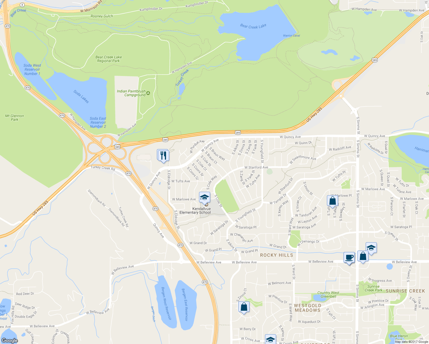 map of restaurants, bars, coffee shops, grocery stores, and more near 4443 South Cole Street in Morrison