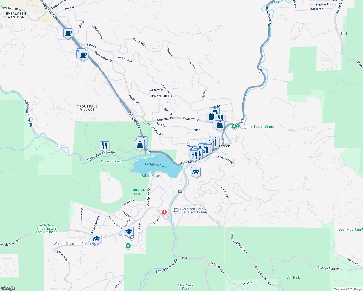 map of restaurants, bars, coffee shops, grocery stores, and more near 28380 Douglas Park Road in Evergreen