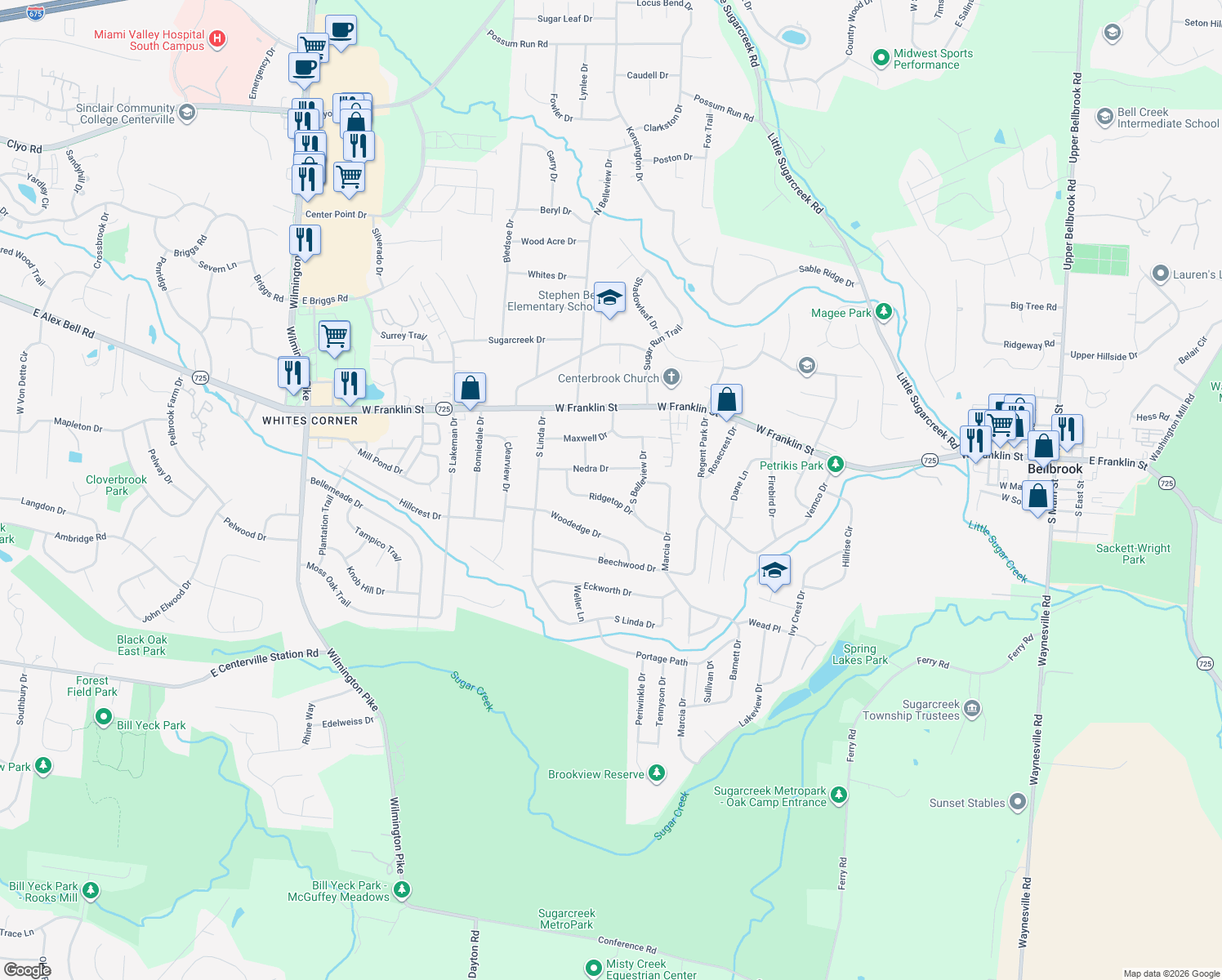 map of restaurants, bars, coffee shops, grocery stores, and more near 4102 Ridgetop Dr in Bellbrook
