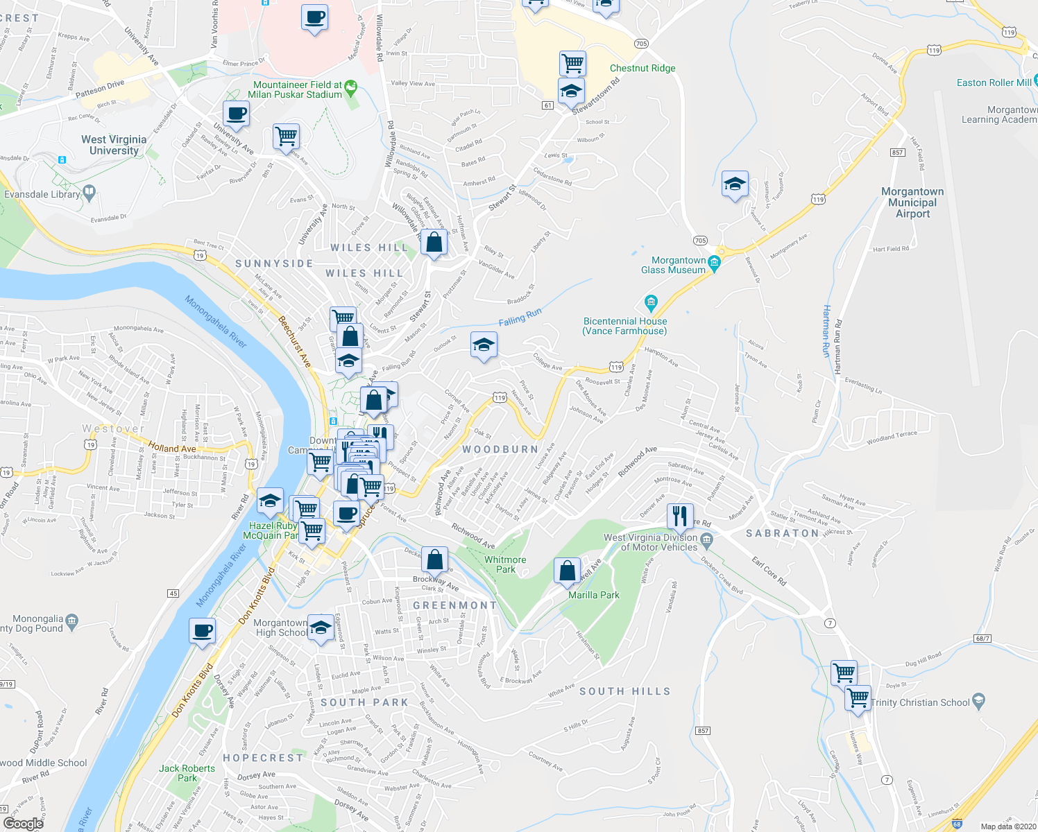 map of restaurants, bars, coffee shops, grocery stores, and more near 999 U.S. 119 in Morgantown