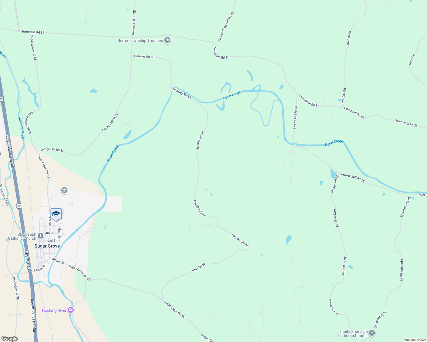 map of restaurants, bars, coffee shops, grocery stores, and more near 5834 Hansley Road Southeast in Sugar Grove