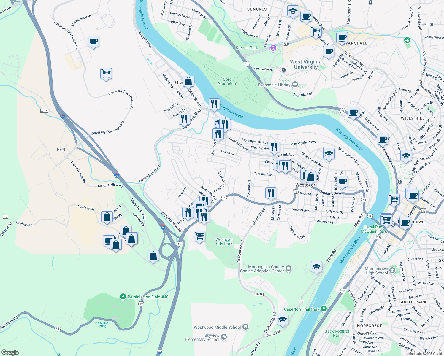 map of restaurants, bars, coffee shops, grocery stores, and more near Grove Street in Westover