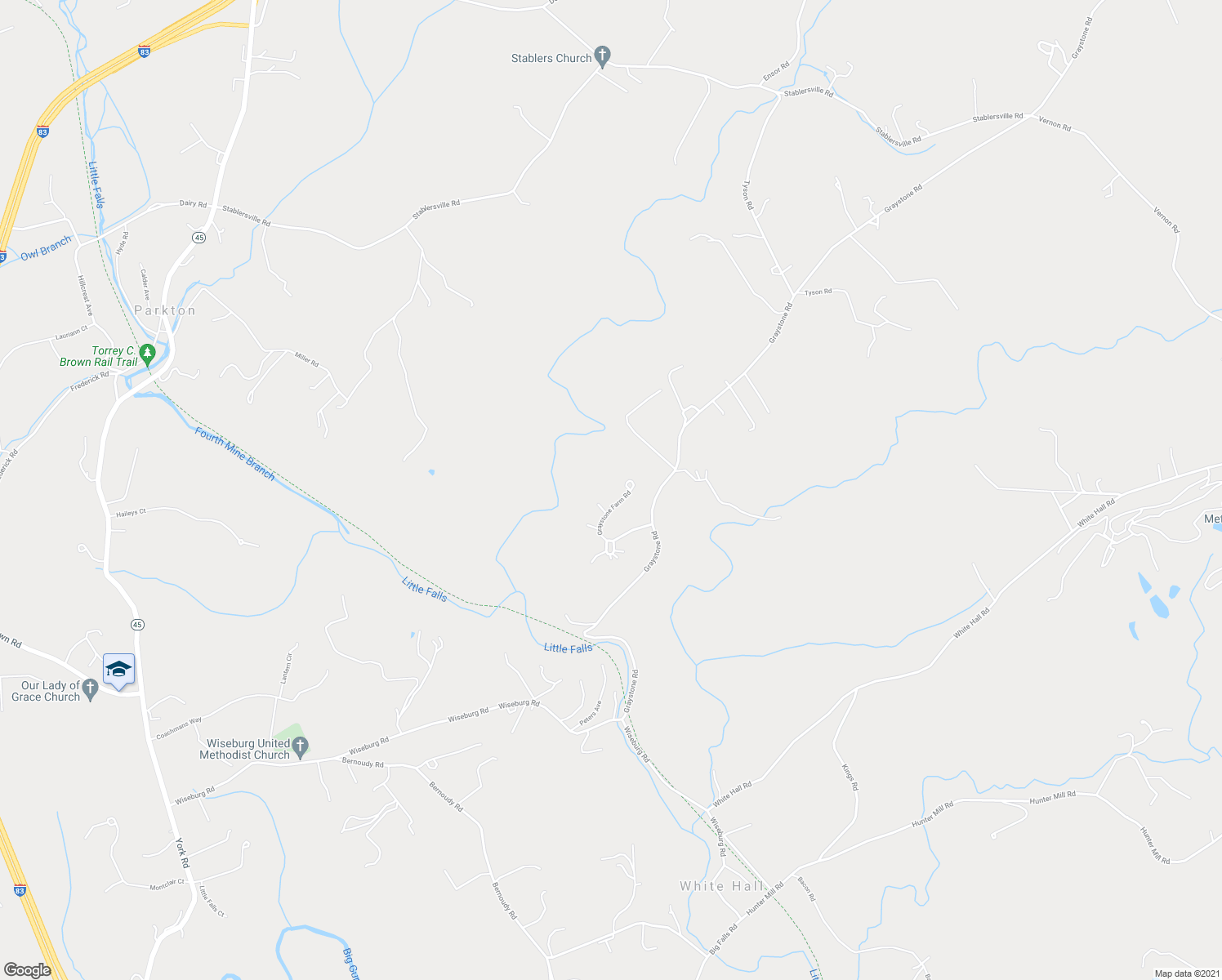 map of restaurants, bars, coffee shops, grocery stores, and more near 123 Graystone Farm Road in White Hall