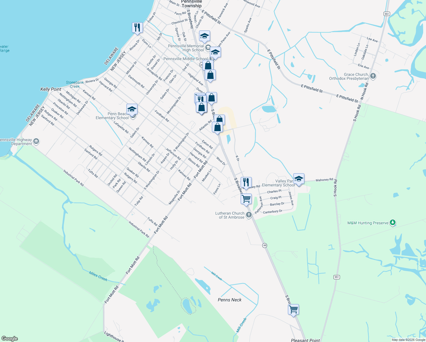 map of restaurants, bars, coffee shops, grocery stores, and more near 3 Musket Ln in Pennsville Township