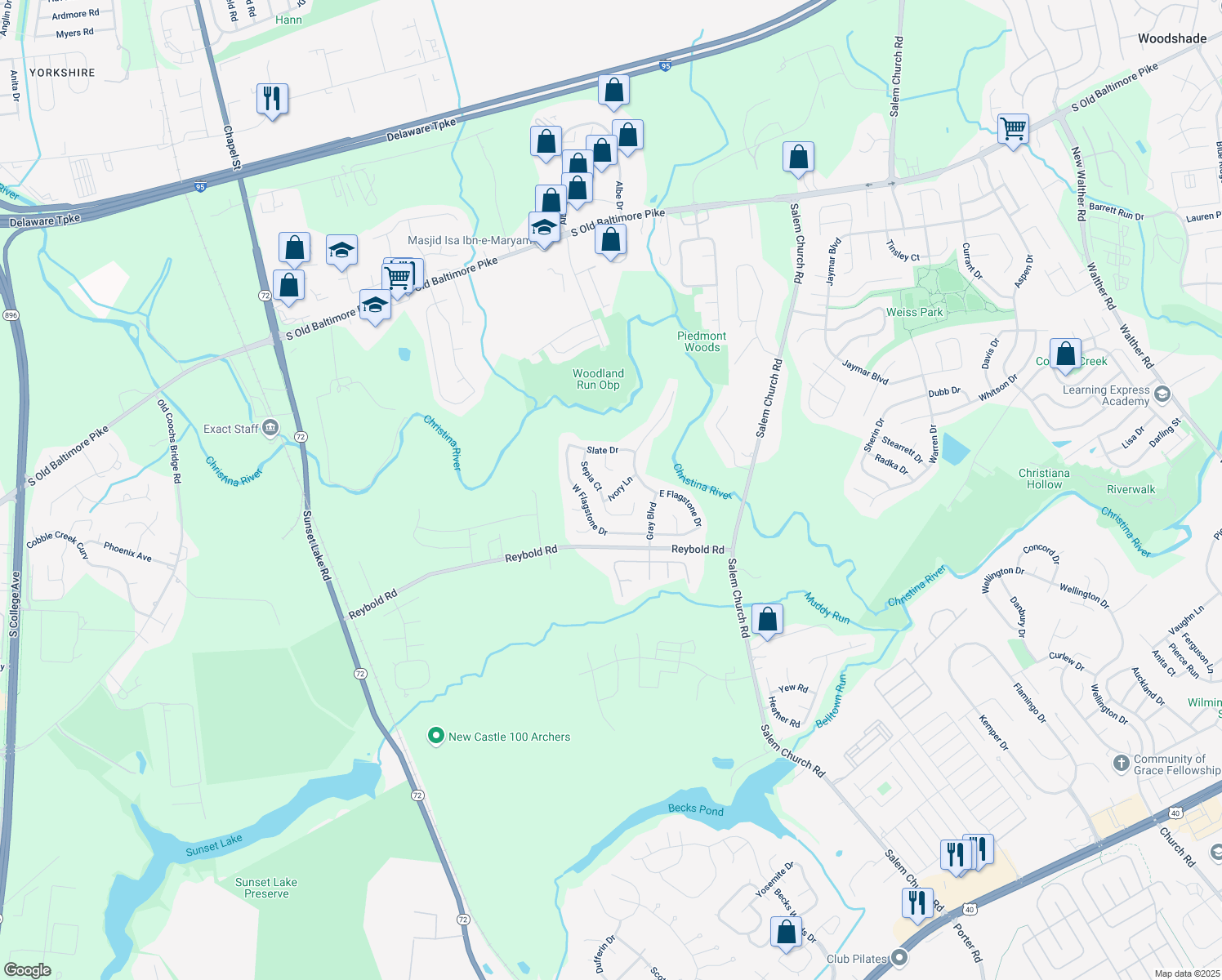 map of restaurants, bars, coffee shops, grocery stores, and more near 403 Ivory Lane in Newark