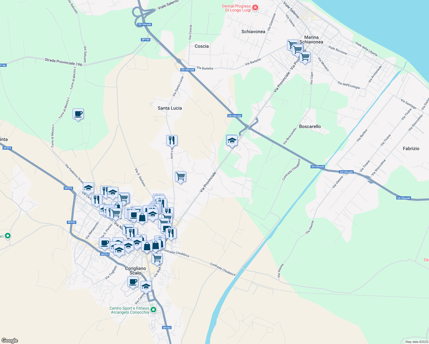 map of restaurants, bars, coffee shops, grocery stores, and more near 123 Via Provinciale in Corigliano Scalo