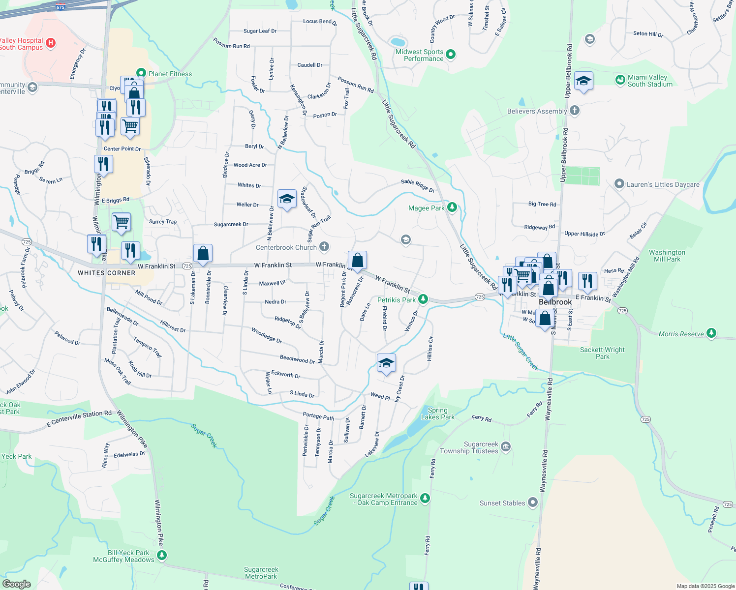 map of restaurants, bars, coffee shops, grocery stores, and more near 2065 Dane Ln in Bellbrook