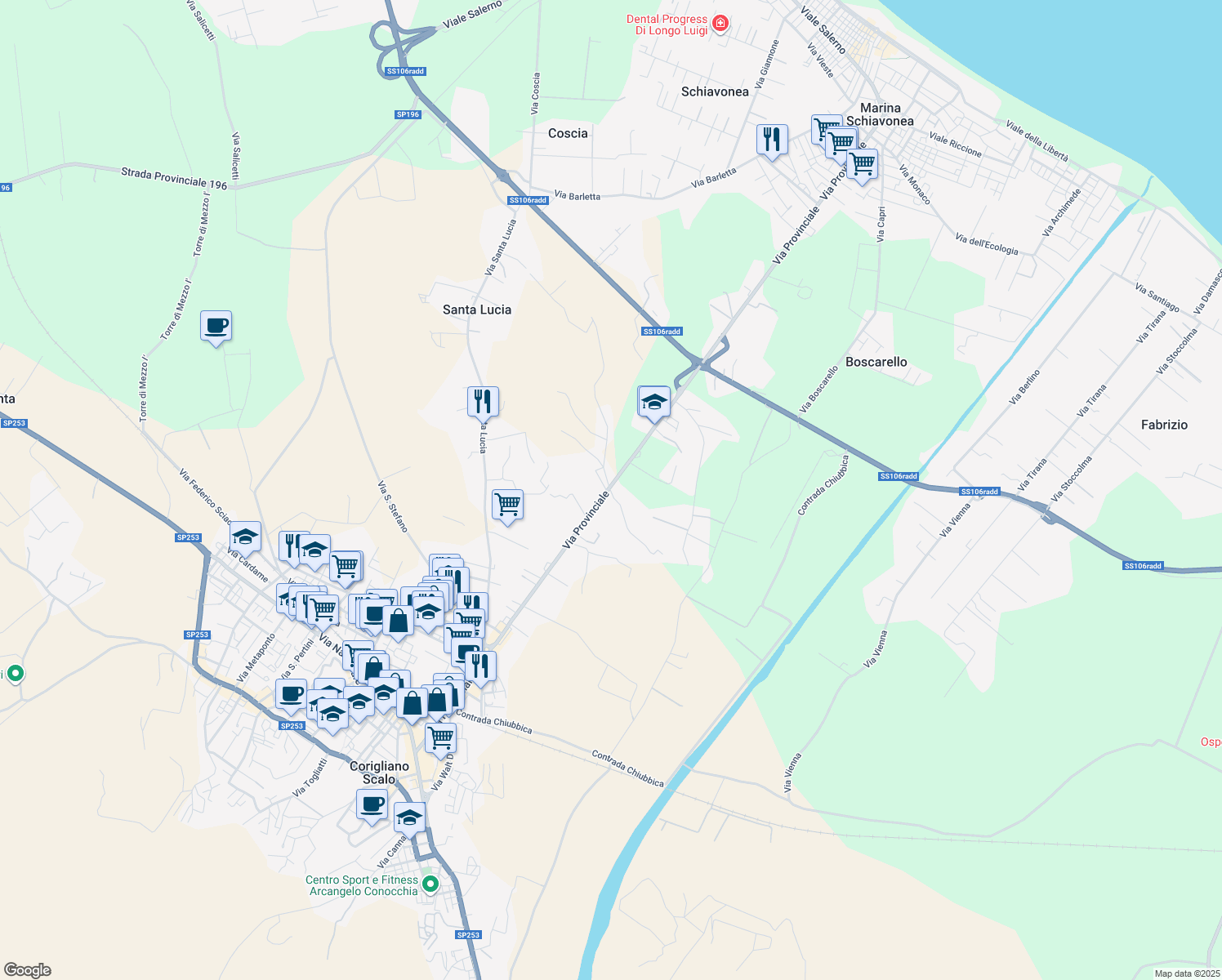 map of restaurants, bars, coffee shops, grocery stores, and more near 123 Via Provinciale in Corigliano Scalo