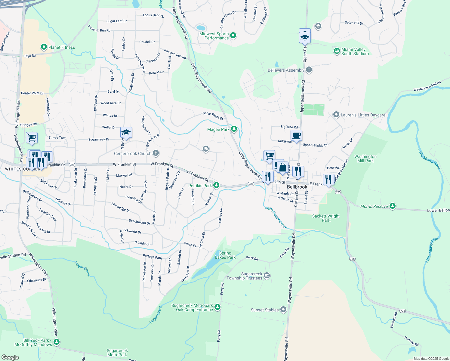map of restaurants, bars, coffee shops, grocery stores, and more near 3764 W Franklin St in Bellbrook