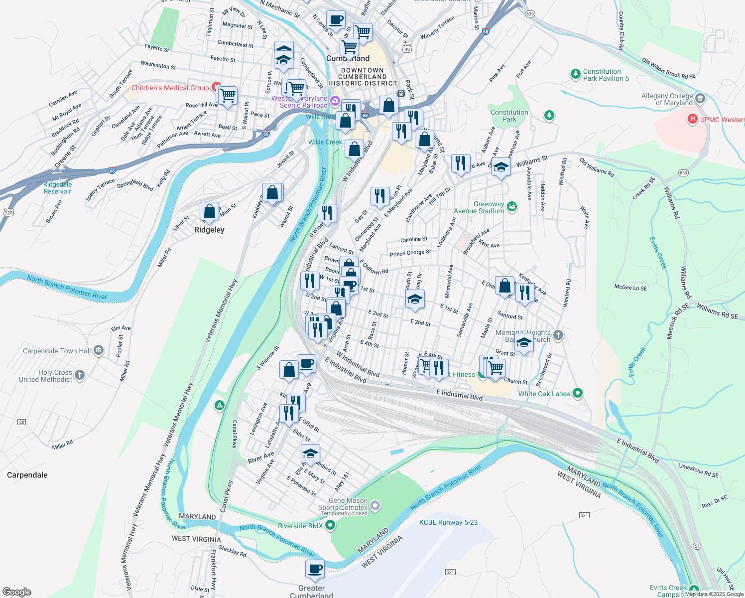 map of restaurants, bars, coffee shops, grocery stores, and more near 114 Grand Avenue in Cumberland