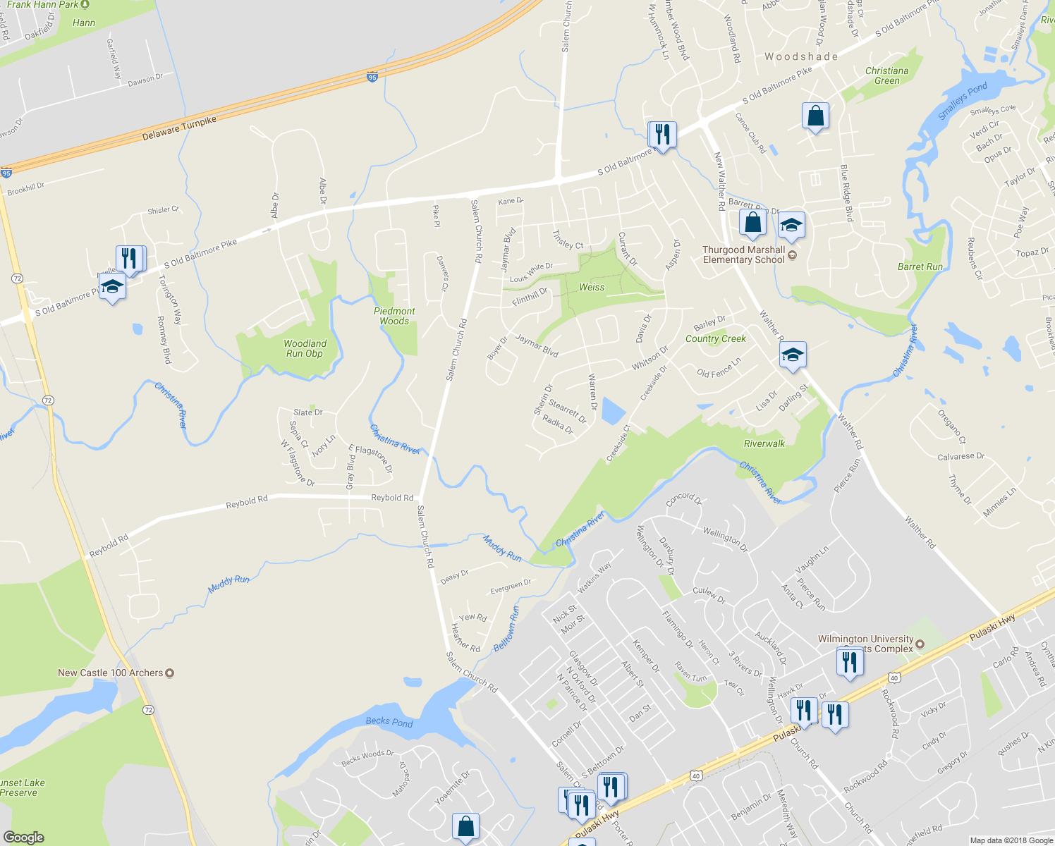 map of restaurants, bars, coffee shops, grocery stores, and more near 41 Sherin Drive in Newark