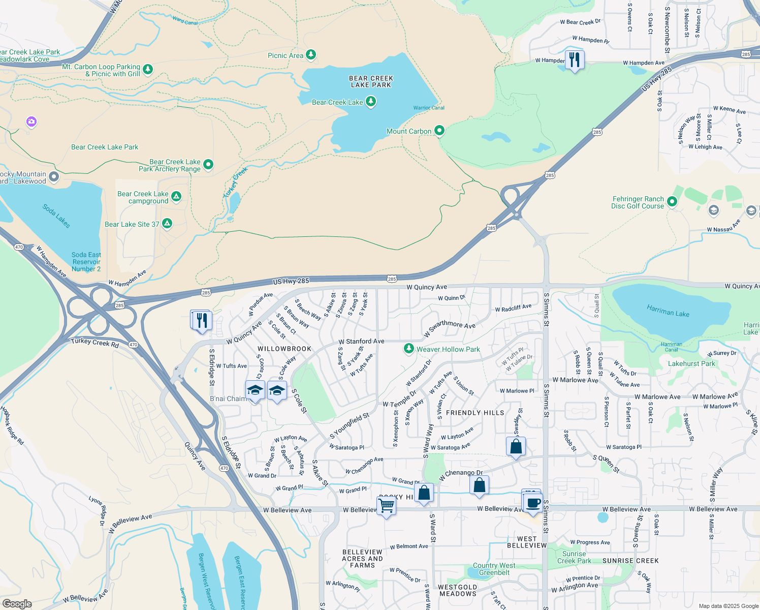 map of restaurants, bars, coffee shops, grocery stores, and more near 4368 South Youngfield Street in Morrison