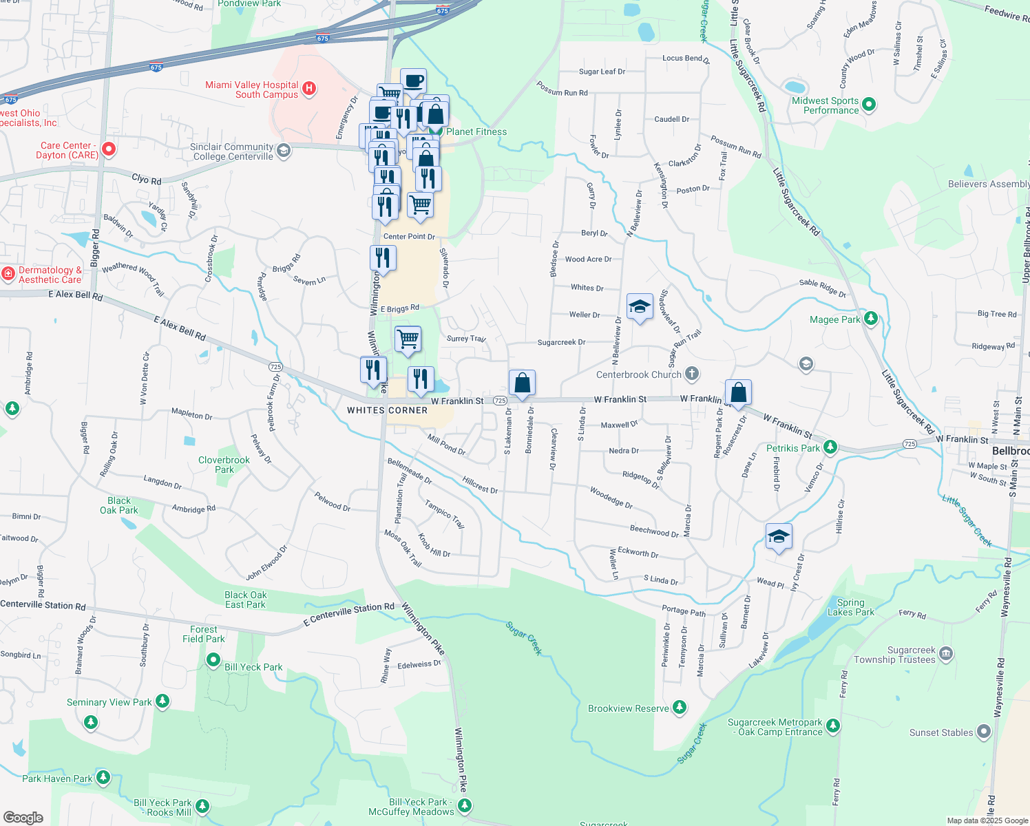 map of restaurants, bars, coffee shops, grocery stores, and more near 2016 S Lakeman Dr in Bellbrook