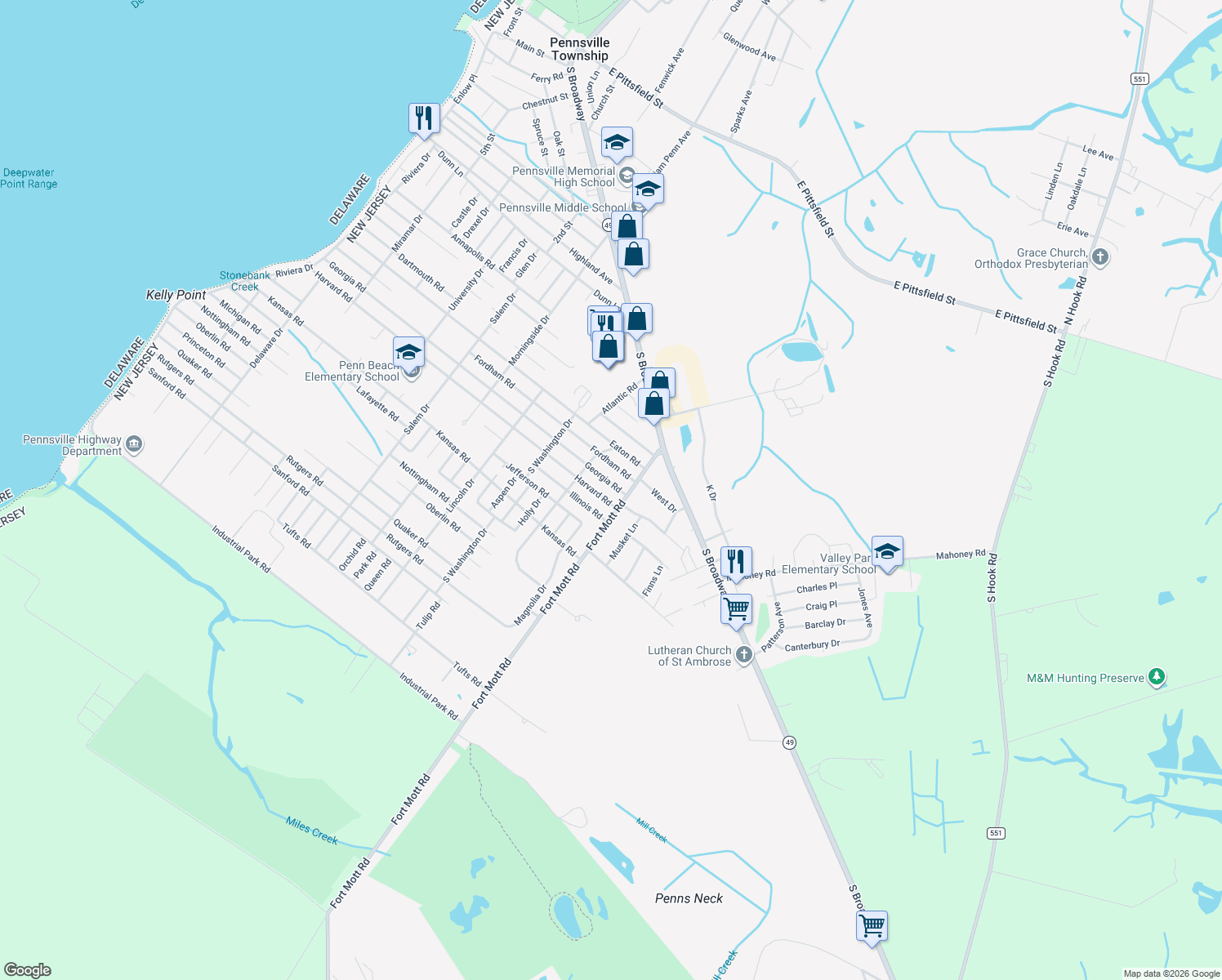 map of restaurants, bars, coffee shops, grocery stores, and more near 1 Georgia Rd in Pennsville Township