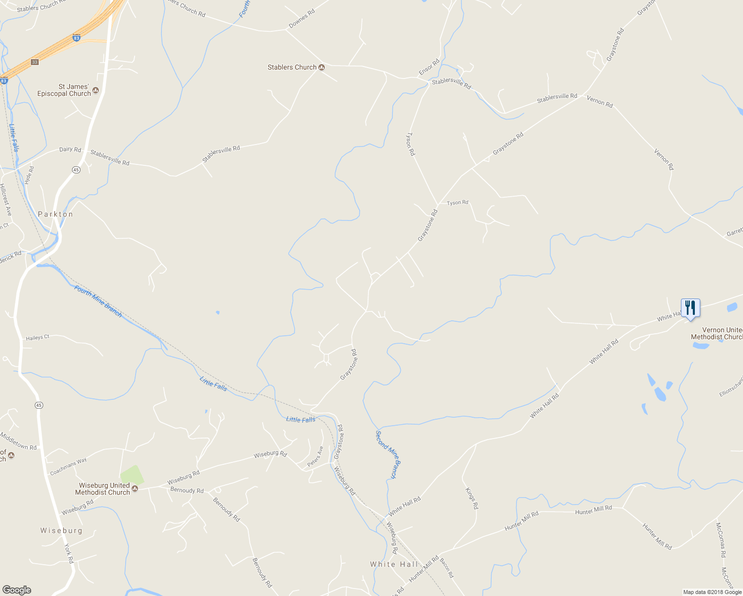 map of restaurants, bars, coffee shops, grocery stores, and more near 18705 Graystone Road in White Hall