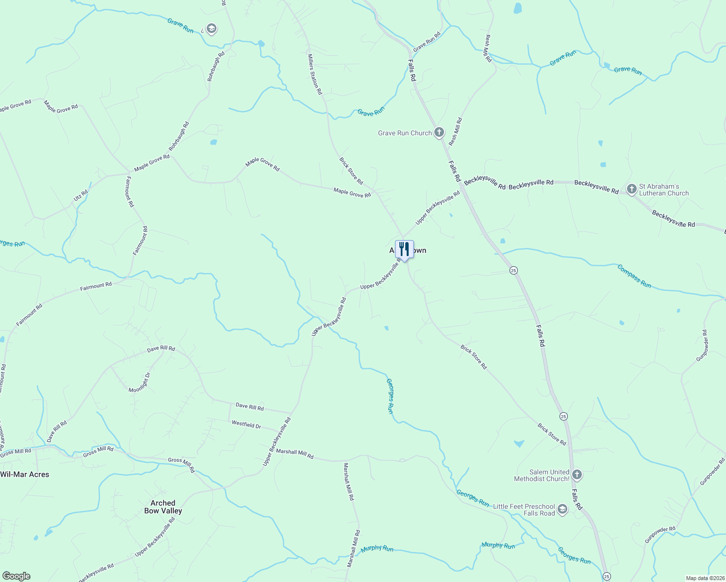 map of restaurants, bars, coffee shops, grocery stores, and more near 18715 Upper Beckleysville Road in Hampstead