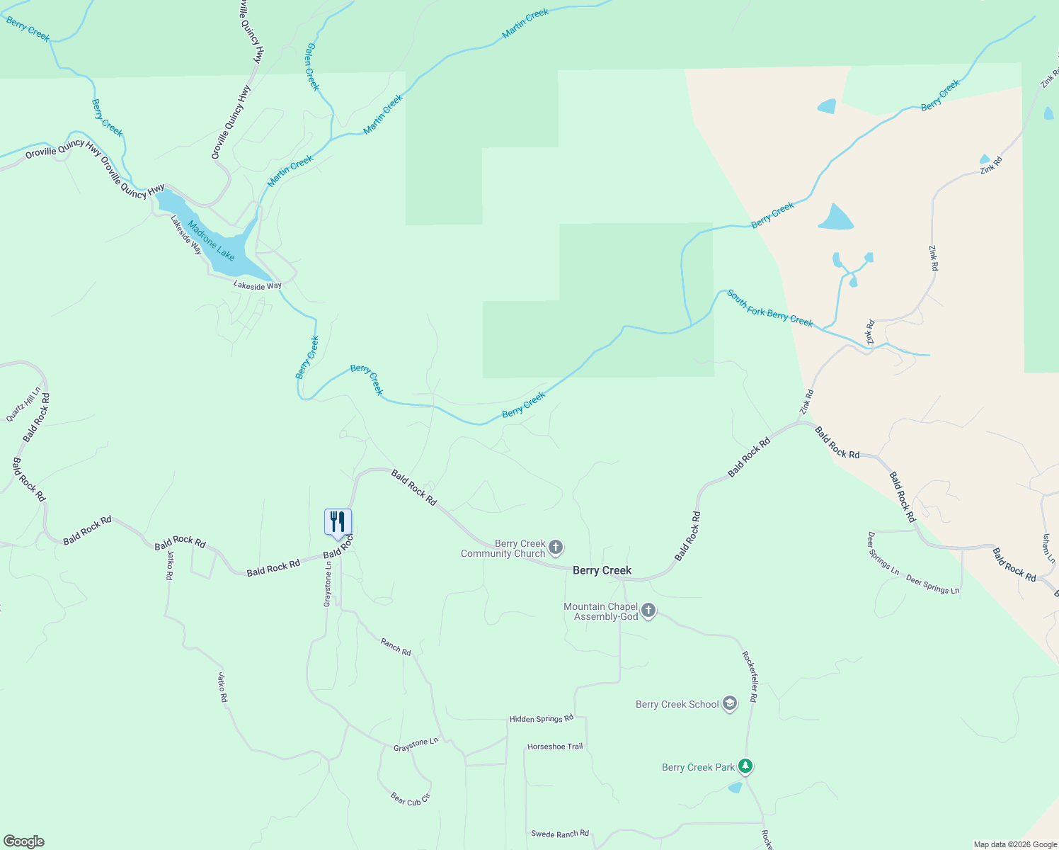 map of restaurants, bars, coffee shops, grocery stores, and more near 67 Cedar Lane in Berry Creek