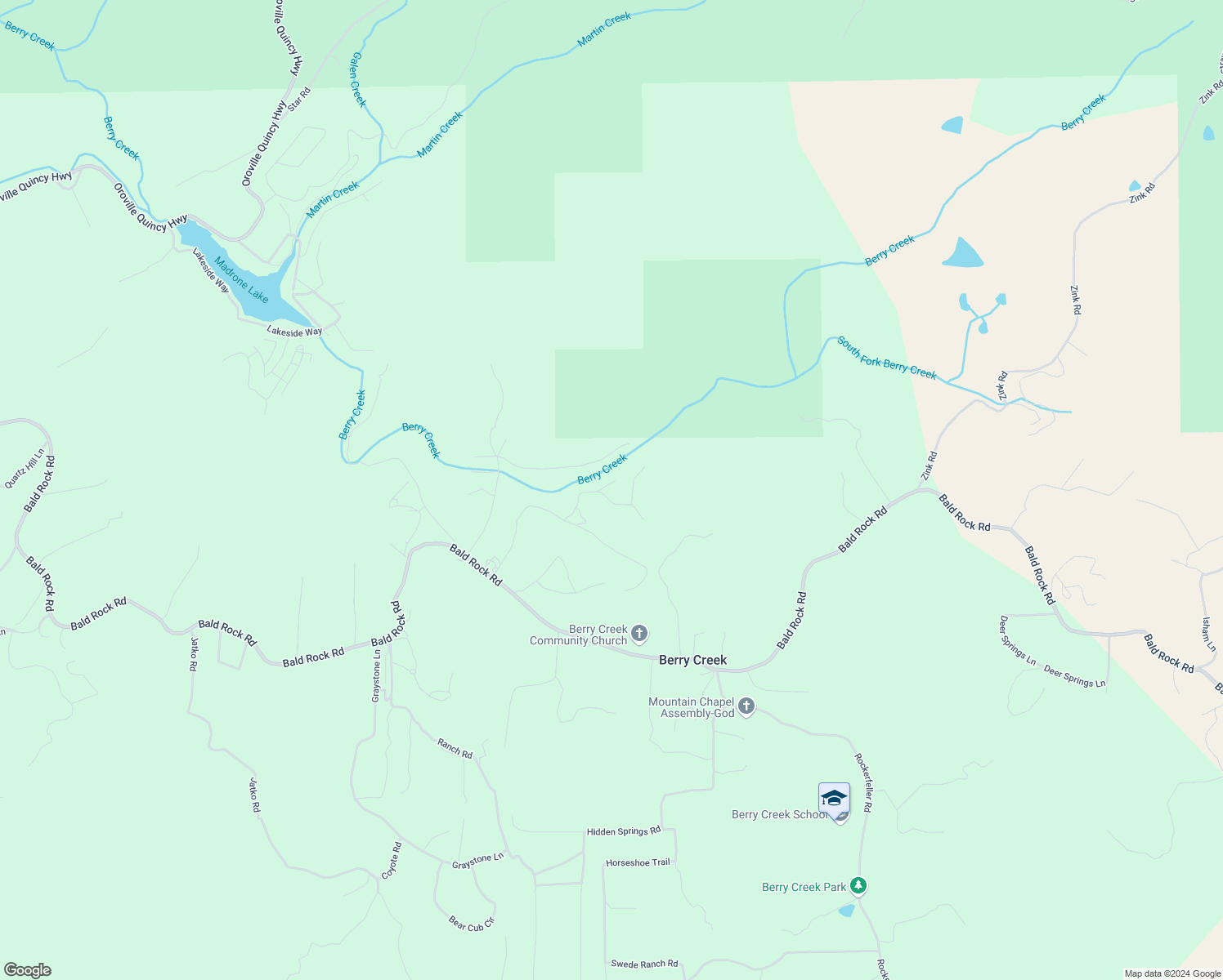 map of restaurants, bars, coffee shops, grocery stores, and more near 67 Cedar Lane in Berry Creek