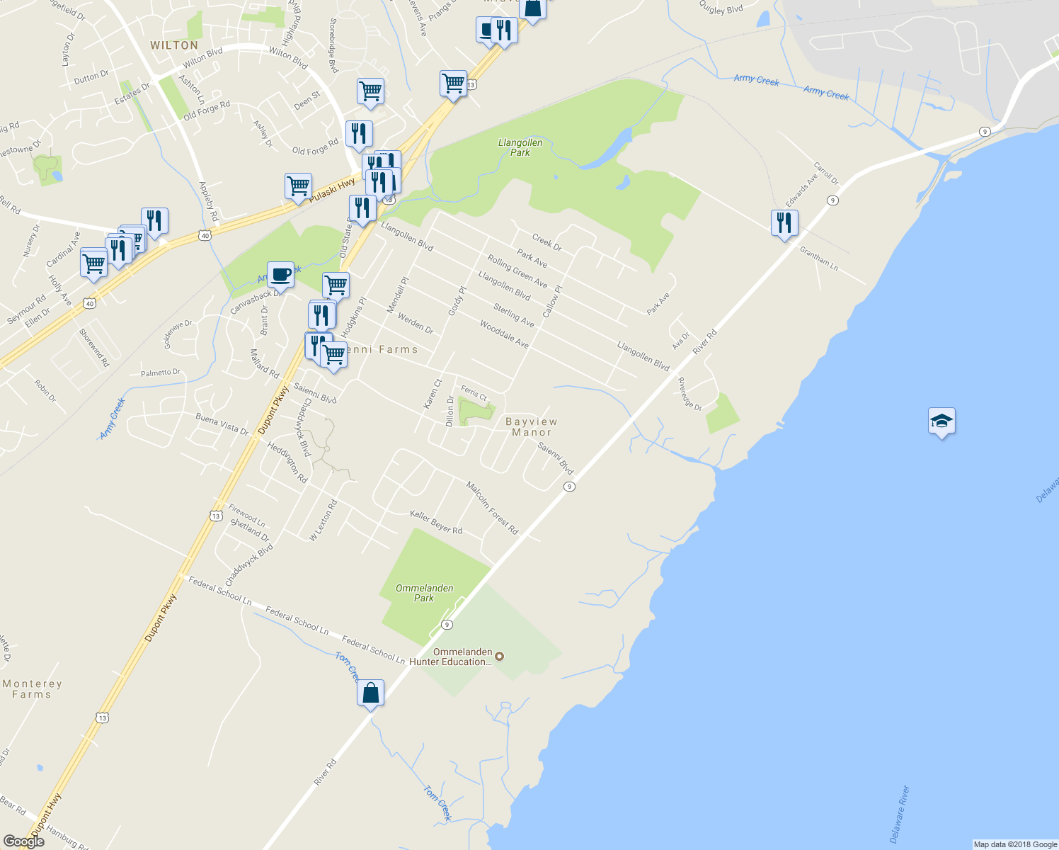 map of restaurants, bars, coffee shops, grocery stores, and more near 5 Mallory Court in New Castle