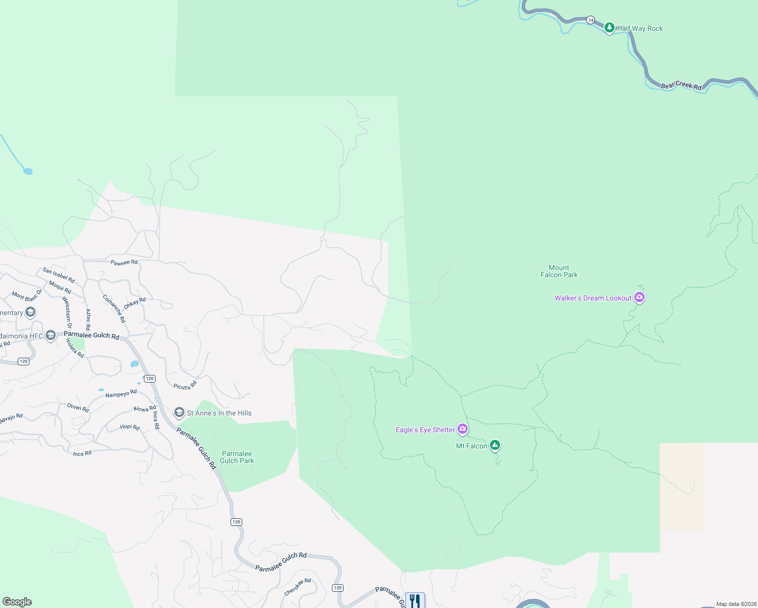 map of restaurants, bars, coffee shops, grocery stores, and more near 21642 Falcon Wing Road in Morrison