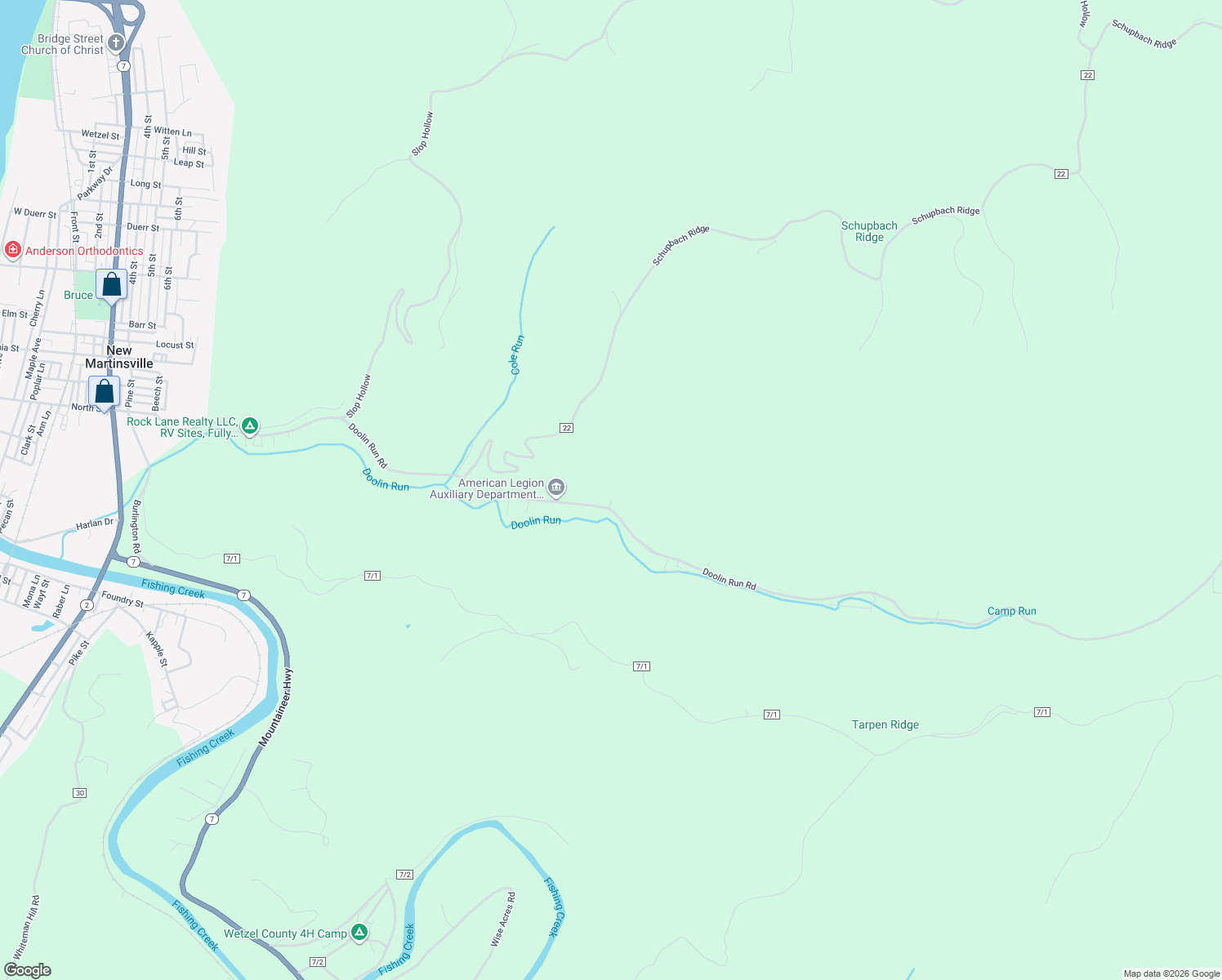 map of restaurants, bars, coffee shops, grocery stores, and more near 1401 Doolin Run Road in New Martinsville