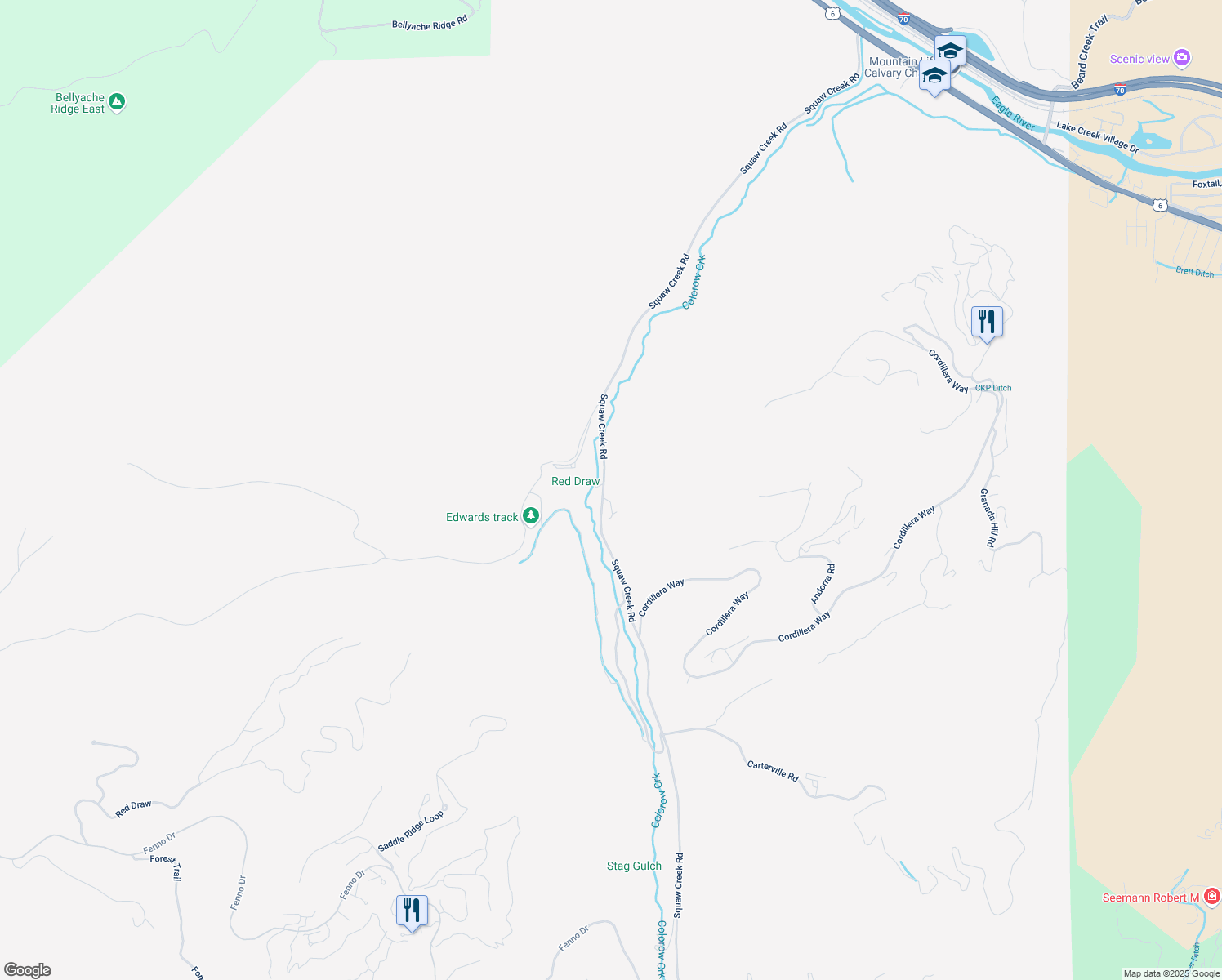 map of restaurants, bars, coffee shops, grocery stores, and more near 1644 Squaw Creek Road in Edwards