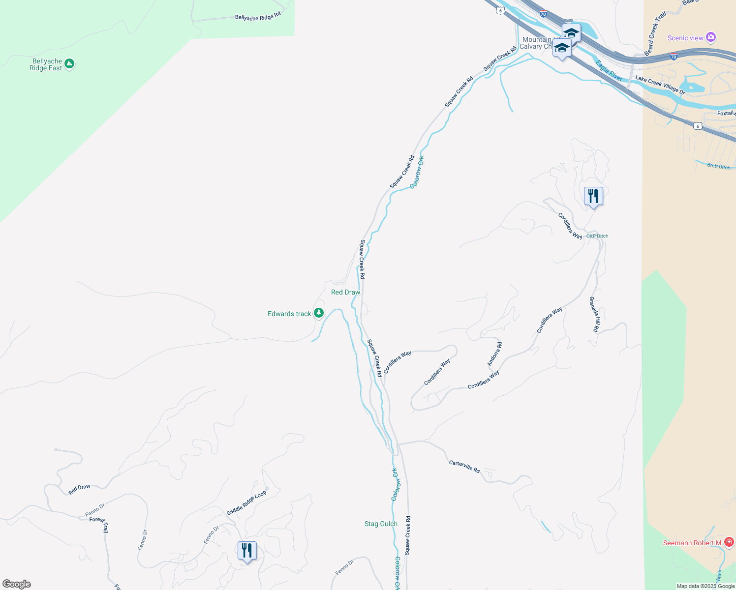 map of restaurants, bars, coffee shops, grocery stores, and more near 1644 Squaw Creek Road in Edwards