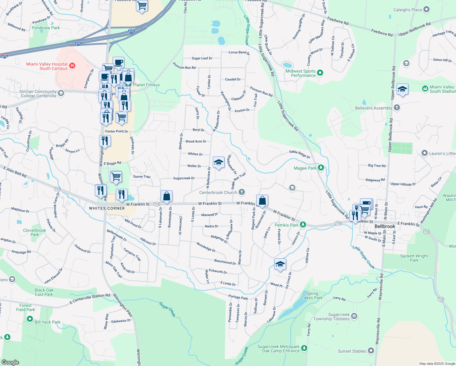 map of restaurants, bars, coffee shops, grocery stores, and more near 4099 North Linda Drive in Bellbrook