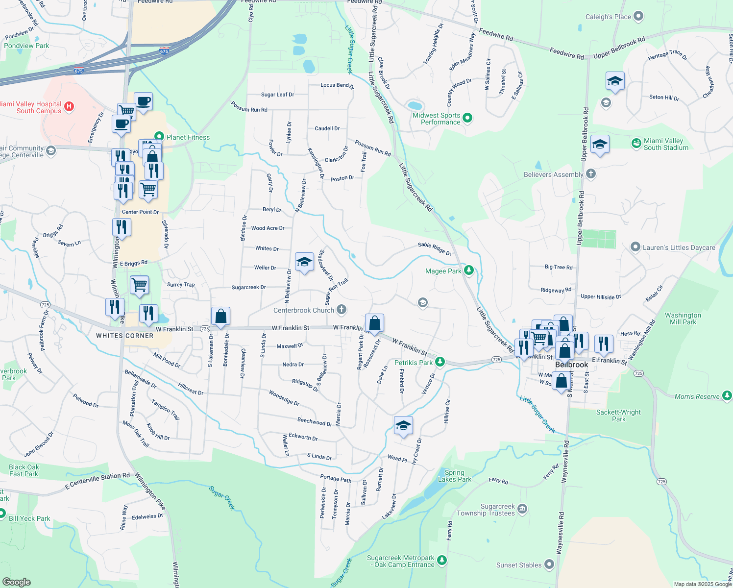 map of restaurants, bars, coffee shops, grocery stores, and more near 1917 N Regent Park Dr in Bellbrook
