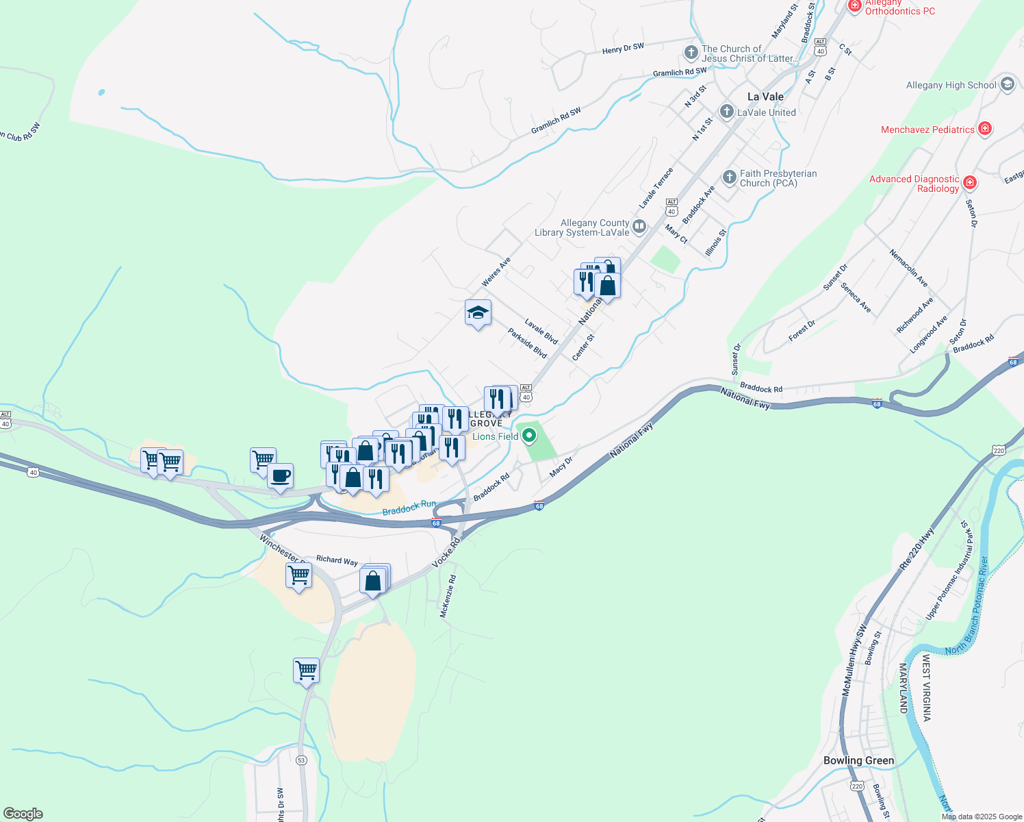 map of restaurants, bars, coffee shops, grocery stores, and more near 1064 National Highway in La Vale