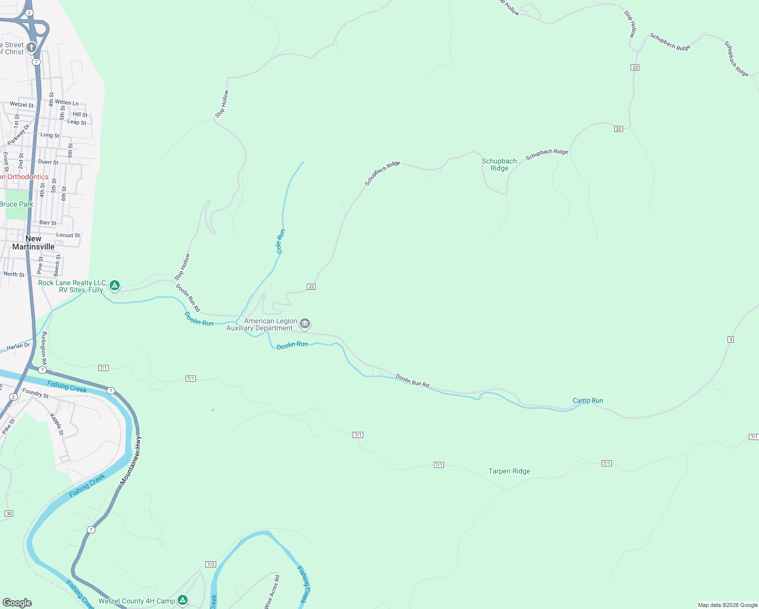 map of restaurants, bars, coffee shops, grocery stores, and more near 1401 Doolin Run Road in New Martinsville