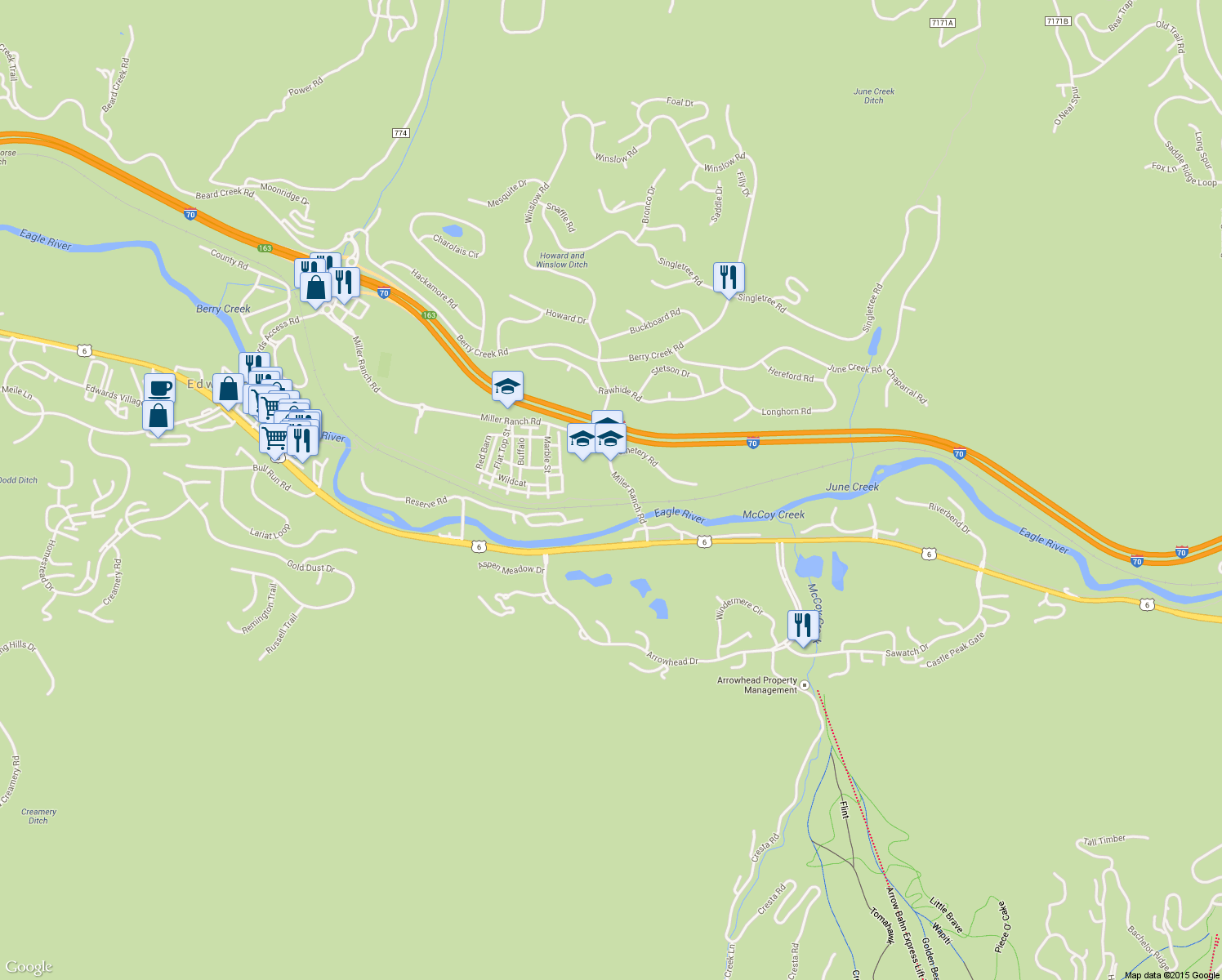 map of restaurants, bars, coffee shops, grocery stores, and more near 1002 Miller Ranch Road in Edwards