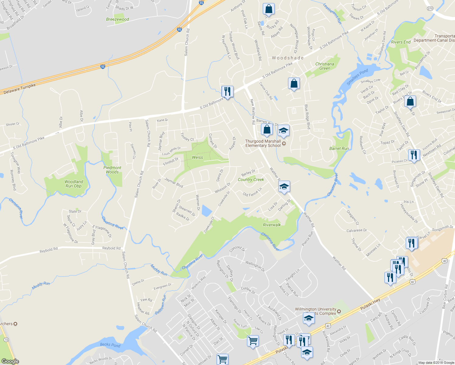 map of restaurants, bars, coffee shops, grocery stores, and more near 219 Aspen Drive in Newark