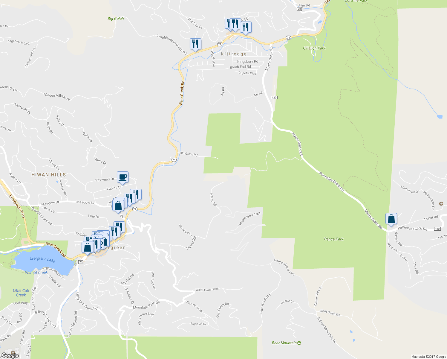 map of restaurants, bars, coffee shops, grocery stores, and more near 4151 Hilltop Road in Evergreen