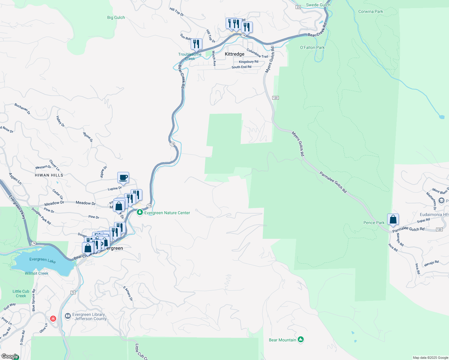 map of restaurants, bars, coffee shops, grocery stores, and more near 4151 Hilltop Road in Evergreen