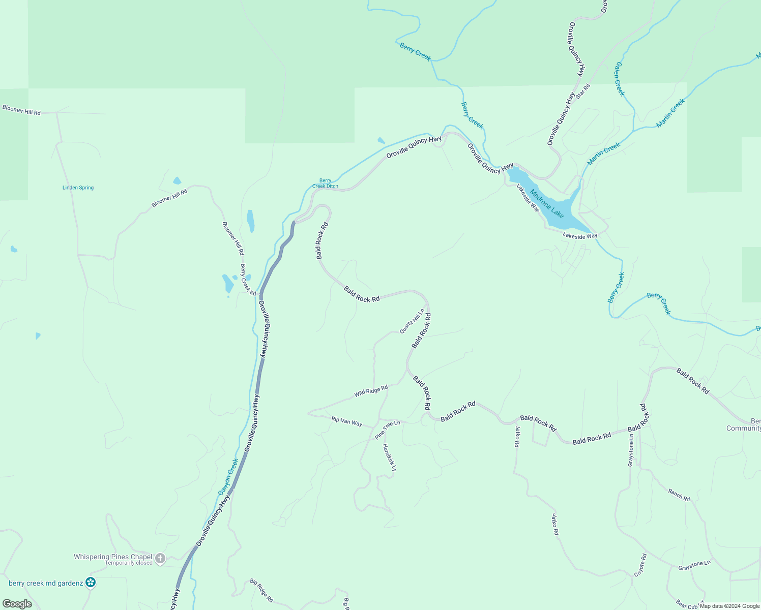 map of restaurants, bars, coffee shops, grocery stores, and more near 300 Bald Rock Road in Berry Creek