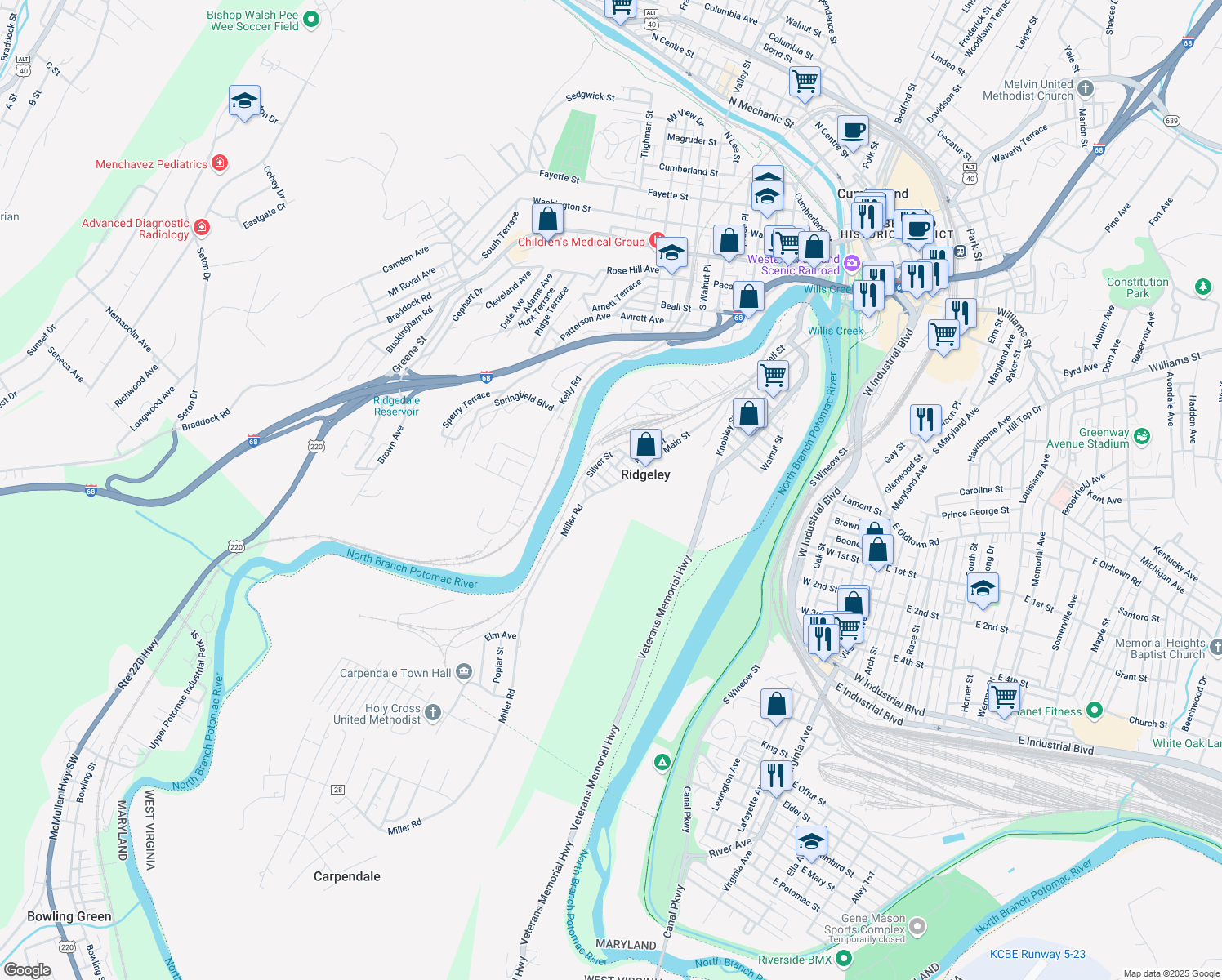 map of restaurants, bars, coffee shops, grocery stores, and more near 204 Main Street in Ridgeley