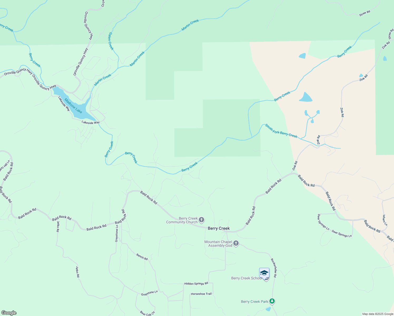 map of restaurants, bars, coffee shops, grocery stores, and more near 2 Oak Drive in Berry Creek