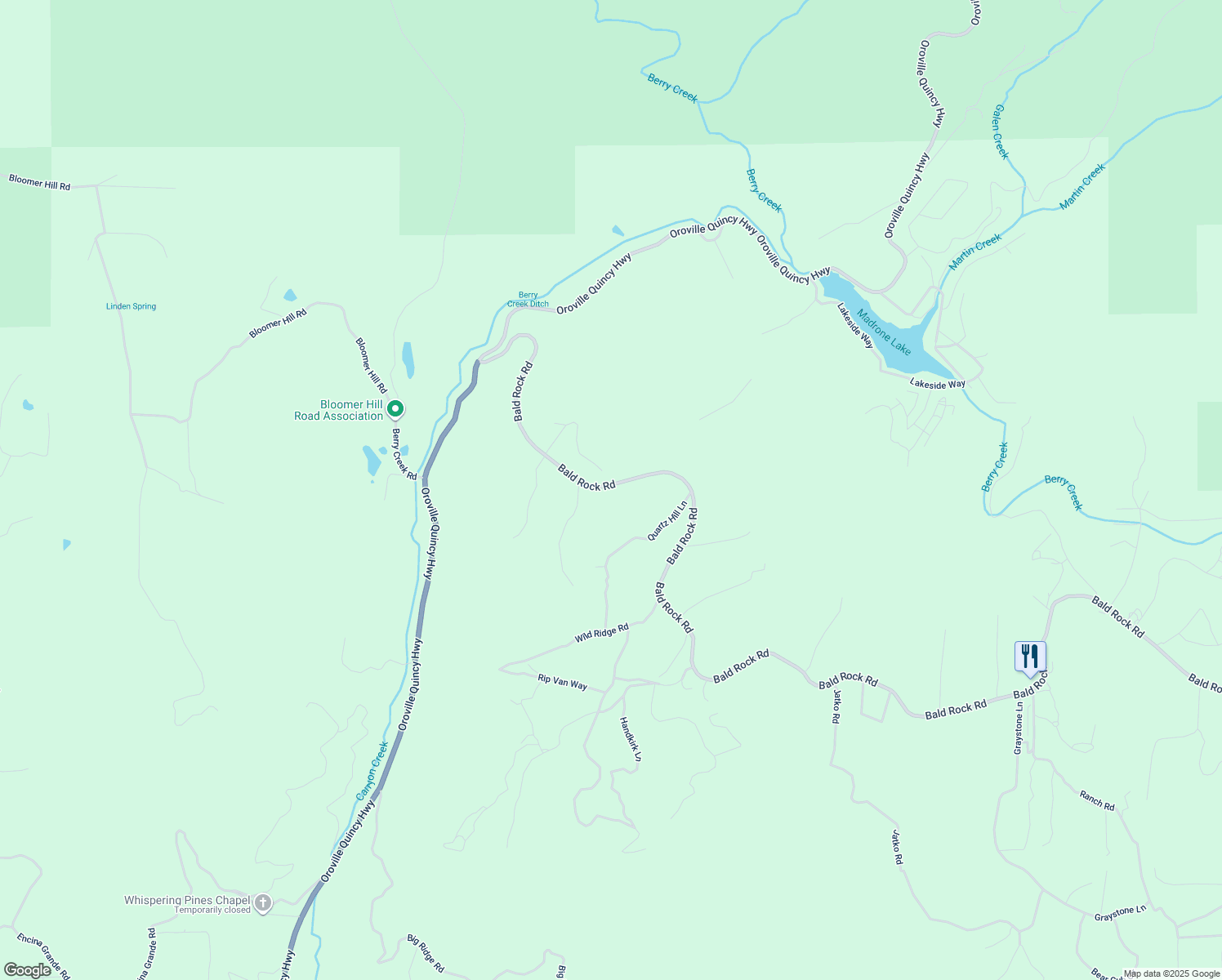 map of restaurants, bars, coffee shops, grocery stores, and more near 300 Bald Rock Road in Berry Creek