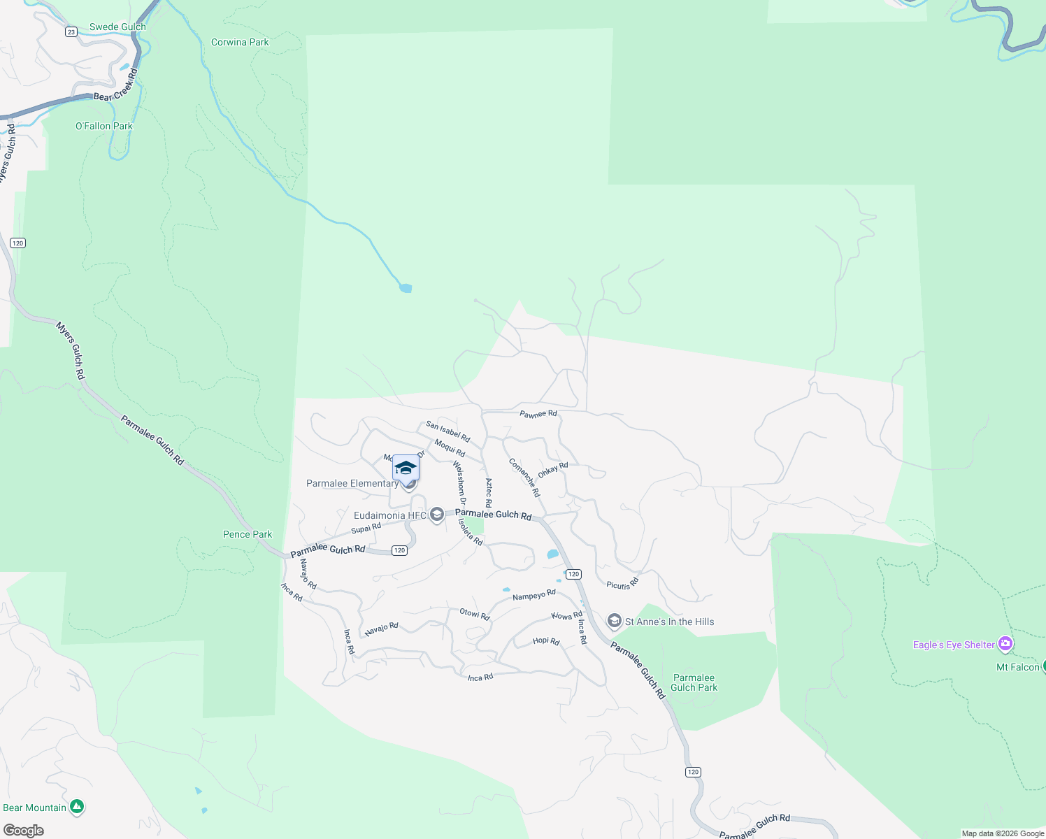 map of restaurants, bars, coffee shops, grocery stores, and more near 23148 Pawnee Road in Indian Hills