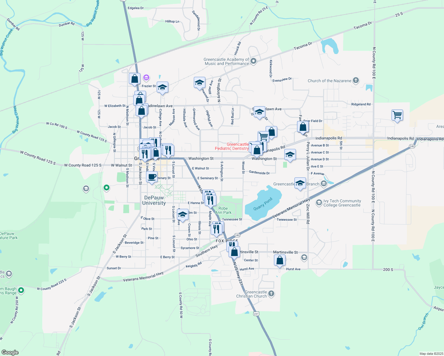 map of restaurants, bars, coffee shops, grocery stores, and more near 701 East Seminary Street in Greencastle