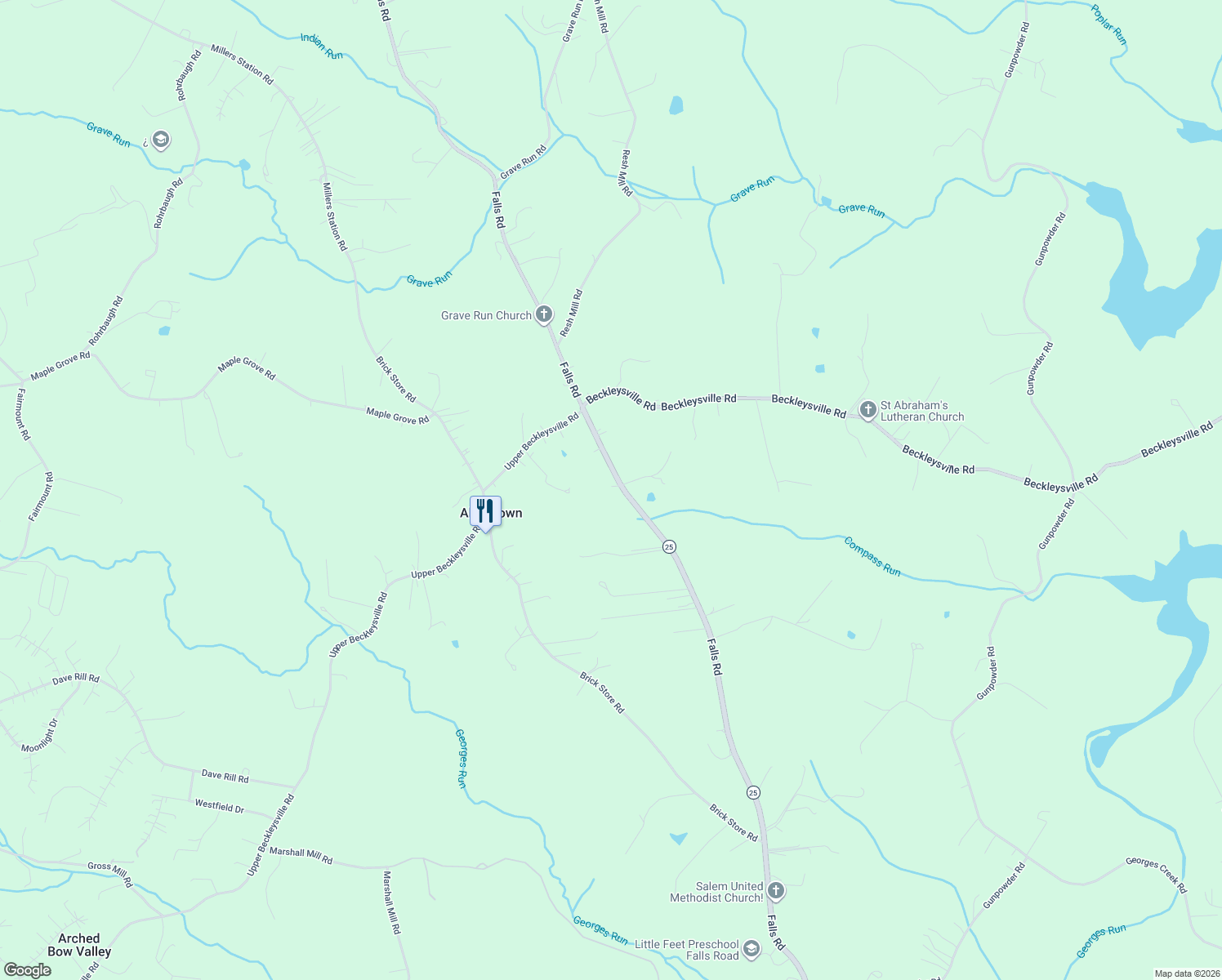 map of restaurants, bars, coffee shops, grocery stores, and more near 18818 Falls Road in Hampstead