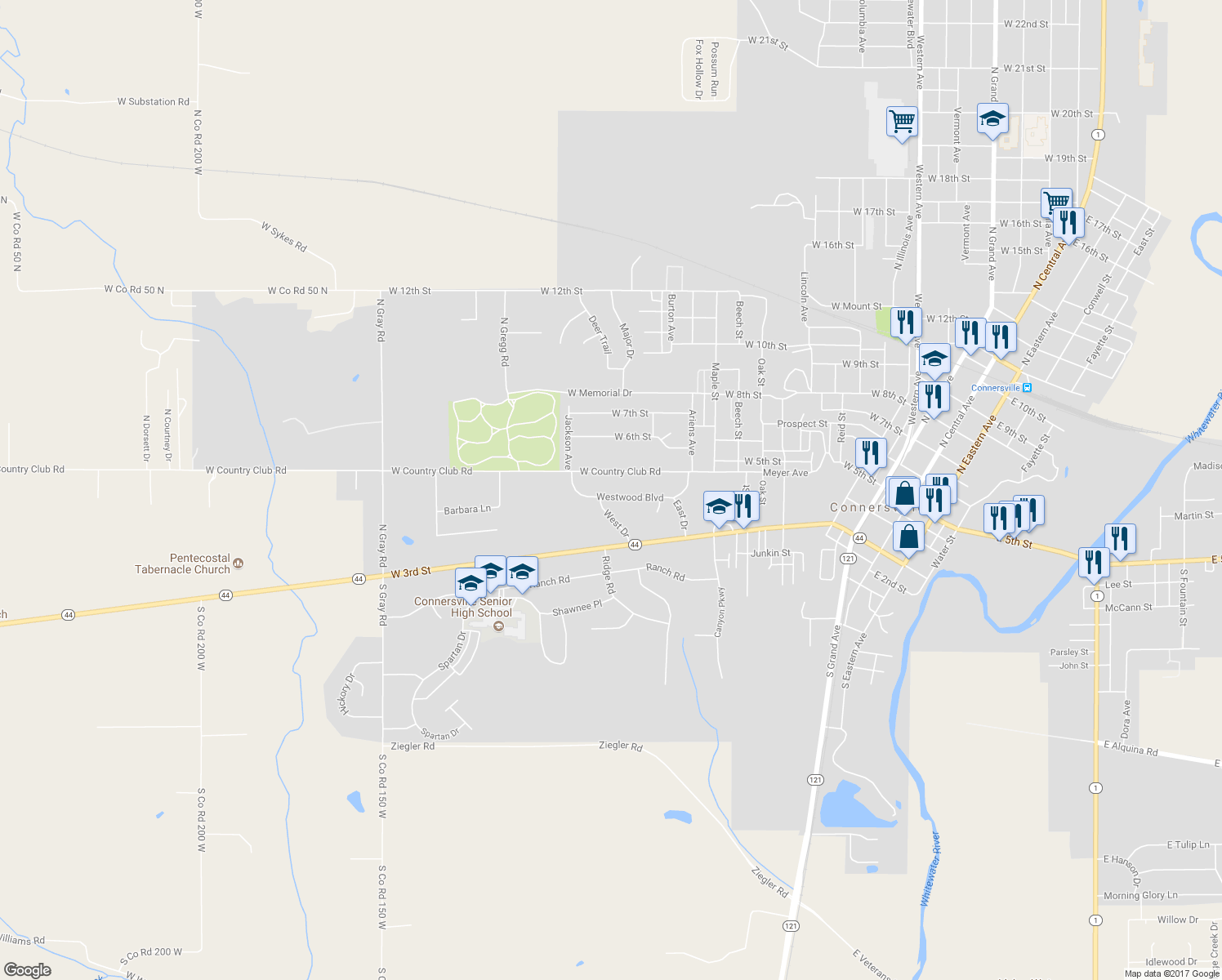 map of restaurants, bars, coffee shops, grocery stores, and more near 1504 Westwood Boulevard in Connersville