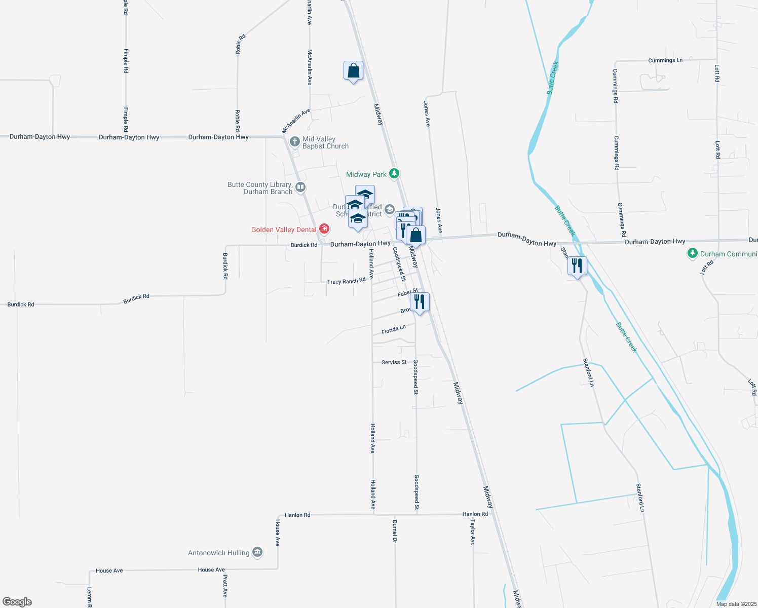 map of restaurants, bars, coffee shops, grocery stores, and more near 2413 Faber Street in Durham