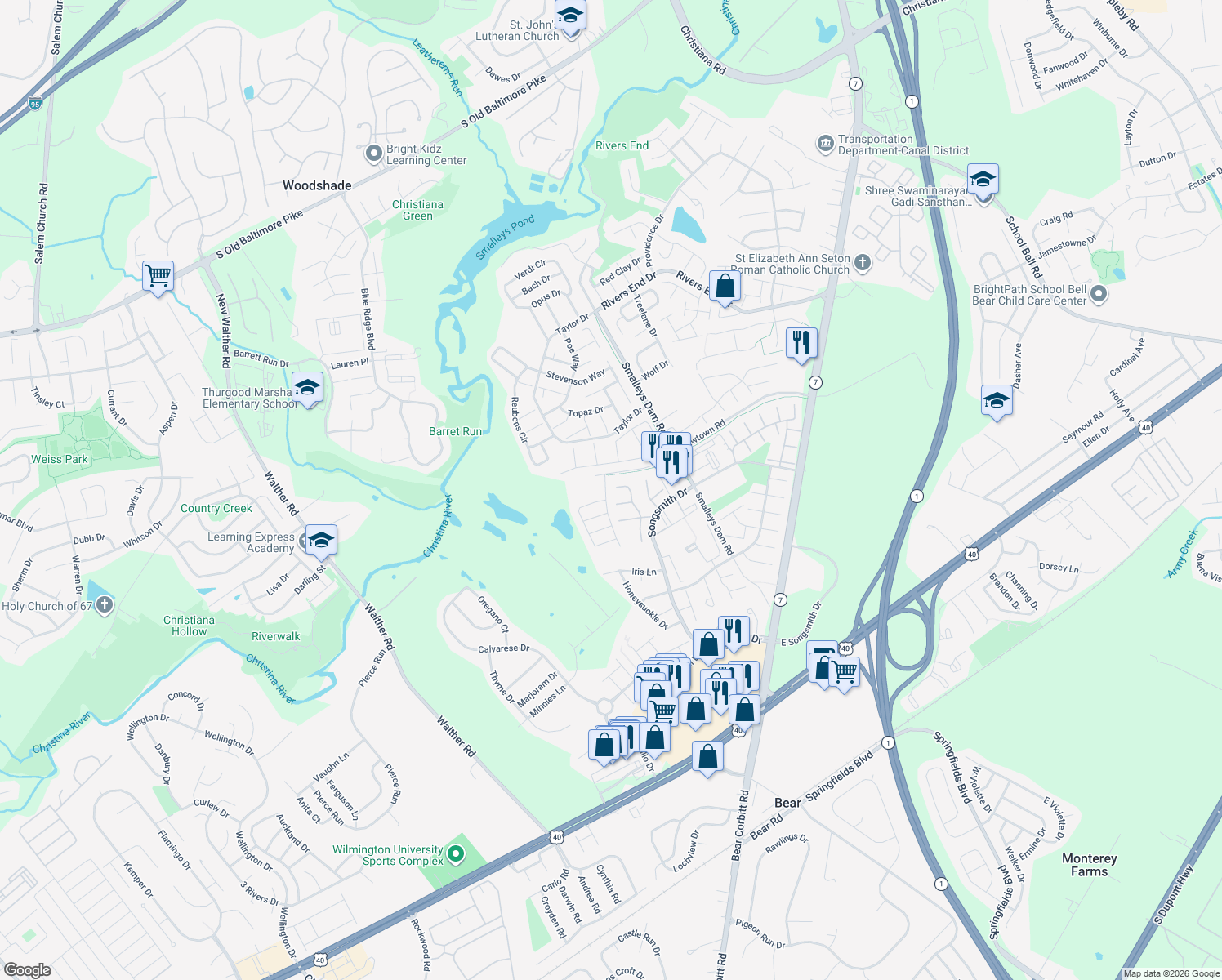 map of restaurants, bars, coffee shops, grocery stores, and more near 1 Brookfield Drive in Newark