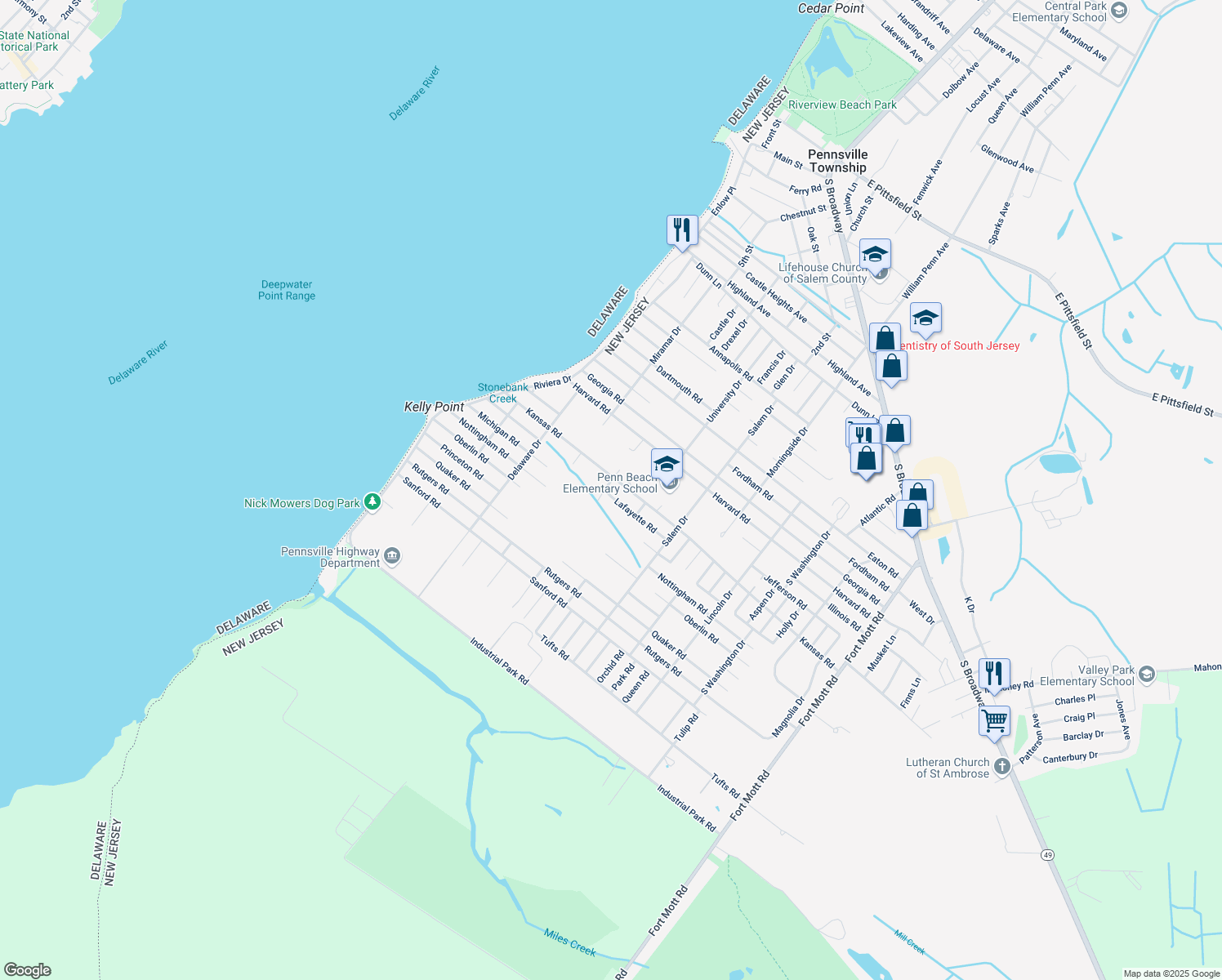 map of restaurants, bars, coffee shops, grocery stores, and more near 106 Cape May Dr in Pennsville Township