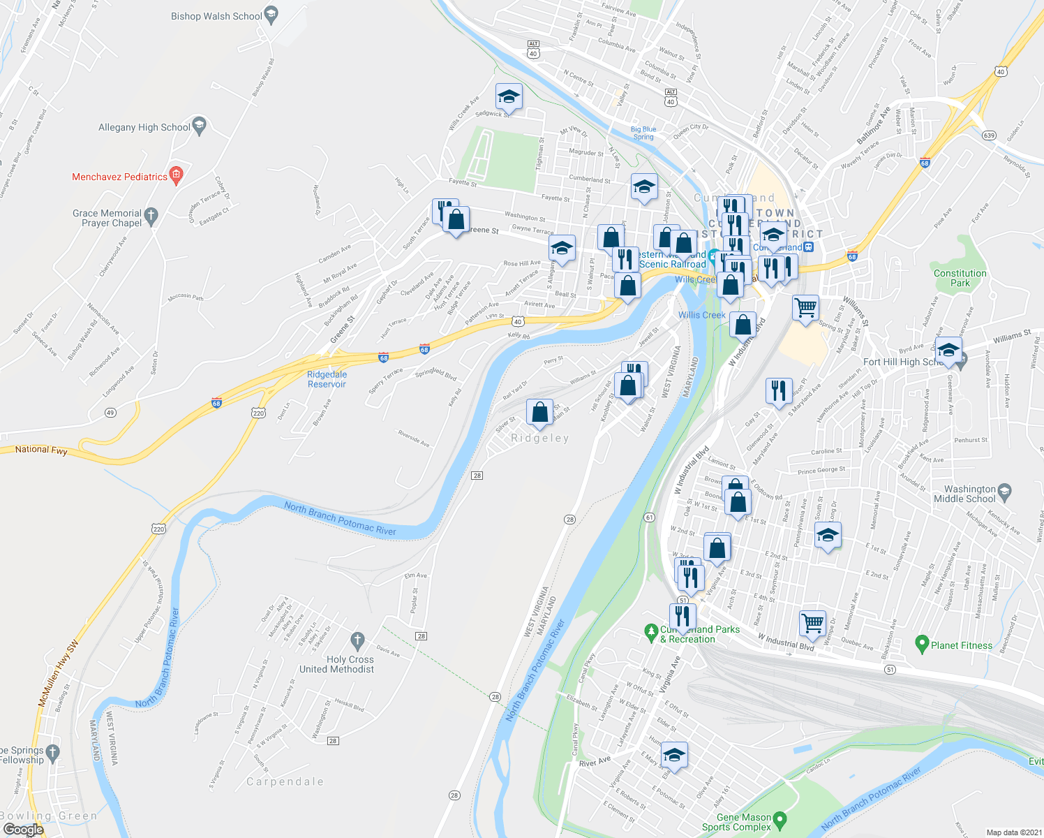 map of restaurants, bars, coffee shops, grocery stores, and more near 18 Silver Street in Ridgeley
