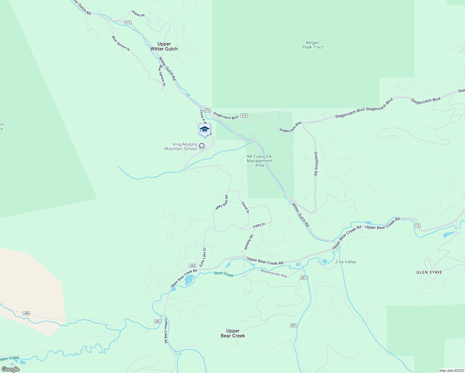 map of restaurants, bars, coffee shops, grocery stores, and more near 380 David Drive in Evergreen