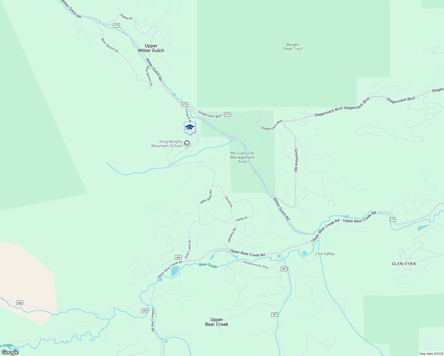 map of restaurants, bars, coffee shops, grocery stores, and more near 468 Mary Beth Road in Evergreen