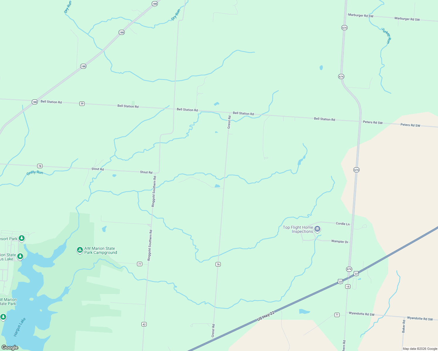 map of restaurants, bars, coffee shops, grocery stores, and more near 19497 Greist Road in Stoutsville